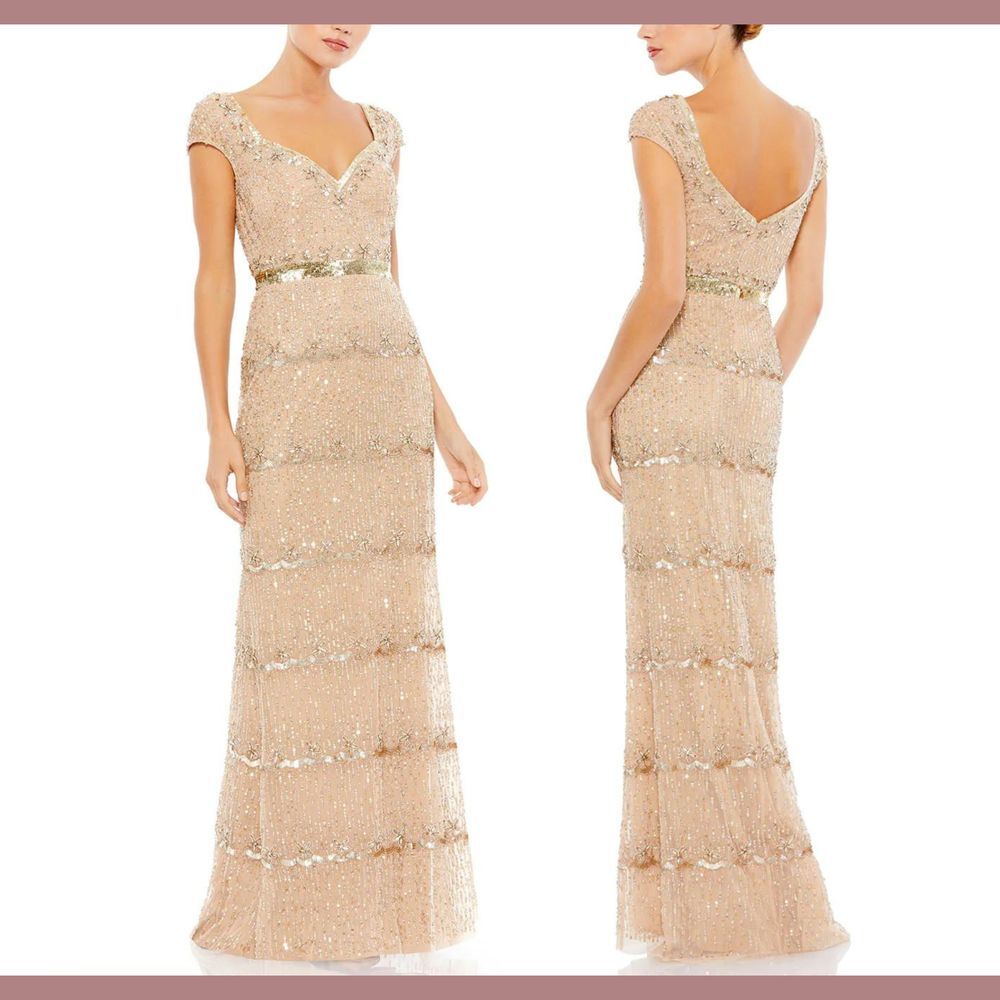 NWT Mac‎ Duggal [ 12 ] 9089 Cap Sleeve Embellished Column Gown in Gold Nude